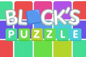 Texto colorido y bloques formando las palabras Blocks Puzzle sobre un fondo de cuadros de colores brillantes