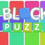 Texto colorido y bloques formando las palabras Blocks Puzzle sobre un fondo de cuadros de colores brillantes