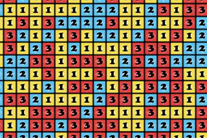 Cuadrícula con números 1, 2 y 3 en bloques de colores rojo, amarillo y azul