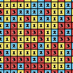 Cuadrícula con números 1, 2 y 3 en bloques de colores rojo, amarillo y azul
