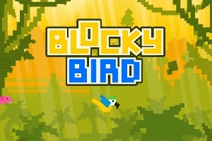 Título Blocky Bird en letras grandes con un fondo de bosque pixelado y un pájaro volando en el centro