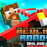 Un personaje de estilo pixelado conduce un automóvil rojo, con el texto Blocky Roads Online en el centro de la imagen