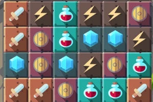 Cuadrícula de bloques con íconos de espadas, pociones, rayos, escudos y cristales