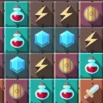 Cuadrícula de bloques con íconos de espadas, pociones, rayos, escudos y cristales