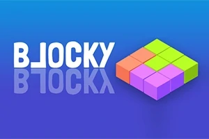 Texto BLOCKY con un diseño de bloques de colores en un fondo azul