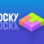 Texto BLOCKY con un diseño de bloques de colores en un fondo azul