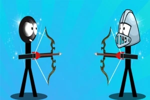 Dos figuras de palitos enfrentadas, una con casco de caballero y ambas sosteniendo arcos, sobre un fondo azul