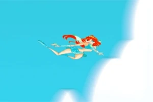 Personaje de cabello rojo volando en un cielo azul entre nubes blancas
