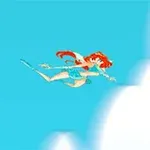 Personaje de cabello rojo volando en un cielo azul entre nubes blancas