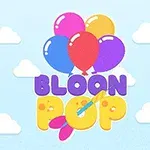 Globos de colores flotando sobre el texto BLOON POP en un cielo con nubes