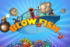 Peces globo caricaturescos alrededor de un barco con un cañón en un fondo de océano colorido y la palabra BLOWFISH en el centro