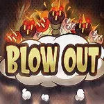 Texto Blow Out en letras grandes sobre una nube, rodeado de bombas encendidas y efectos de explosión