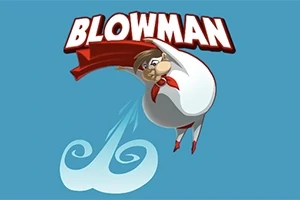 Personaje de dibujos animados volando con una capa roja sobre un fondo azul, con la palabra BLOWMAN en la parte superior