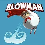 Personaje de dibujos animados volando con una capa roja sobre un fondo azul, con la palabra BLOWMAN en la parte superior