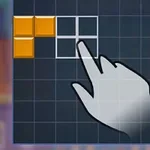 Cursor en forma de mano moviendo bloques naranjas en una cuadrícula azul