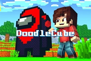 Un personaje de estilo animado junto a una figura pixelada grande, con árboles y cielo azul de fondo, y el texto DoodleCube en el centro