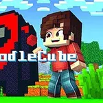 Un personaje de estilo animado junto a una figura pixelada grande, con árboles y cielo azul de fondo, y el texto DoodleCube en el centro