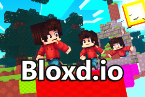 Personajes de estilo pixelado con camisas rojas en un entorno colorido de bloques y árboles, con el texto Bloxd