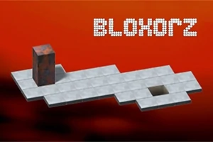 Bloque rectangular sobre una plataforma blanca con un fondo rojo y el texto Bloxorz en la esquina superior derecha