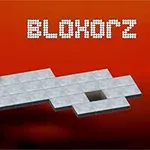 Bloque rectangular sobre una plataforma blanca con un fondo rojo y el texto Bloxorz en la esquina superior derecha