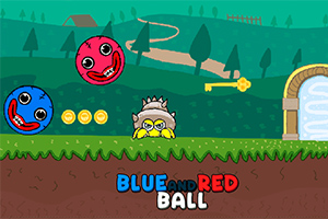 Dos bolas, una roja y otra azul con caras sonrientes, están en un paisaje verde con monedas doradas y un personaje pequeño con casco de pinchos cerca de una puerta dorada