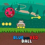 Dos bolas, una roja y otra azul con caras sonrientes, están en un paisaje verde con monedas doradas y un personaje pequeño con casco de pinchos cerca de una puerta dorada