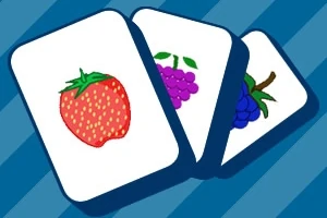 Tres fichas con ilustraciones de frutas: una fresa roja, uvas moradas y uvas azules, sobre un fondo azul con líneas diagonales