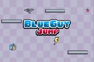 Título Blue Guy Jump con un fondo cuadriculado, plataformas, una criatura voladora, un personaje azul, un rayo y una manzana roja