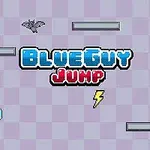 Título Blue Guy Jump con un fondo cuadriculado, plataformas, una criatura voladora, un personaje azul, un rayo y una manzana roja