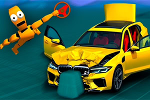 Auto amarillo chocado con el cofre abollado y una figura de prueba naranja flotando a su lado