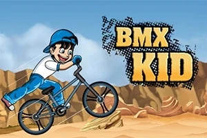 Un niño con gorra azul montando una bicicleta BMX en un paisaje de desierto, con las palabras BMX Kid al lado