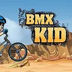 Un niño con gorra azul montando una bicicleta BMX en un paisaje de desierto, con las palabras BMX Kid al lado