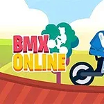 Un ciclista animado con cabello naranja monta una bicicleta en un paisaje verde y ondulado con el texto BMX Online
