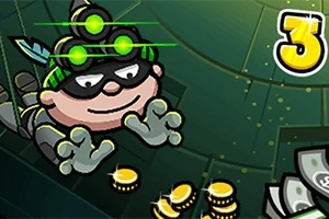 Bob the Robber 3 Ladrón caricaturizado con gafas de visión nocturna recolectando monedas doradas en un entorno oscuro