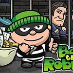 Un personaje caricaturesco vestido de ladrón sonríe con un pulgar hacia arriba, con un saco de dinero y monedas, mientras dos hombres detrás de rejas lo observan