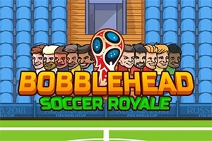 Fondo de gradas azules con varios personajes caricaturescos en la parte superior y el texto Bobblehead Soccer Royale en el centro