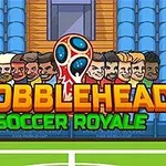 Fondo de gradas azules con varios personajes caricaturescos en la parte superior y el texto Bobblehead Soccer Royale en el centro