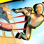 Maniquí volador en el aire frente a un edificio con un automóvil rojo acercándose