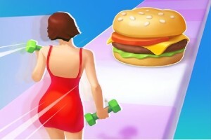 Mujer en vestido rojo caminando con pesas verdes hacia una hamburguesa gigante sobre una plataforma colorida