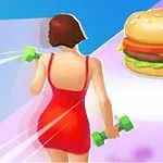Mujer en vestido rojo caminando con pesas verdes hacia una hamburguesa gigante sobre una plataforma colorida