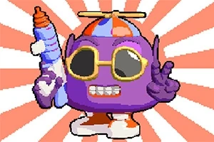 Personaje púrpura con gafas de sol y sombrero con hélice, sosteniendo una pistola de agua sobre un fondo con rayos rojos y blancos