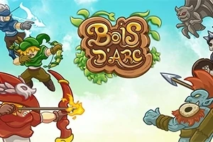 Personajes de fantasía en postura de batalla rodean un logotipo central con un fondo de cielo azul
