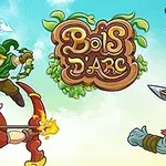 Personajes de fantasía en postura de batalla rodean un logotipo central con un fondo de cielo azul