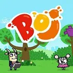 Tres personajes animados en un parque verde con árboles y un papalote morado, y el texto grande Boj en el cielo