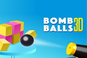 Cañón negro disparando una bala hacia un grupo de cubos amarillos y rosados sobre un fondo azul, con texto que dice Bomb Balls 3D