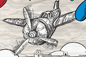 Dibujo en blanco y negro de un avión estilo boceto en papel rayado, con un paisaje urbano y nubes en el fondo