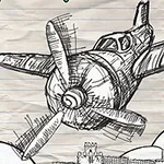 Dibujo en blanco y negro de un avión estilo boceto en papel rayado, con un paisaje urbano y nubes en el fondo