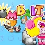 Personajes caricaturescos con un diseño colorido, uno en primer plano con casco rosa, fondo azul y el título BOMB IT 2