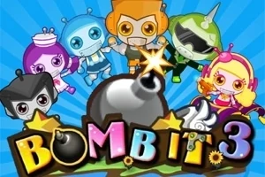 Cinco personajes coloridos con cascos y trajes llamativos rodean una bomba en un fondo azul con rayas, acompañados por el texto BOMB IT 3