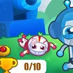 Dos personajes de estilo caricatura, uno con casco y otro con aspecto robótico, están en un fondo colorido de pasto y un cañón azul, junto a un trofeo dorado con marcador de puntuación